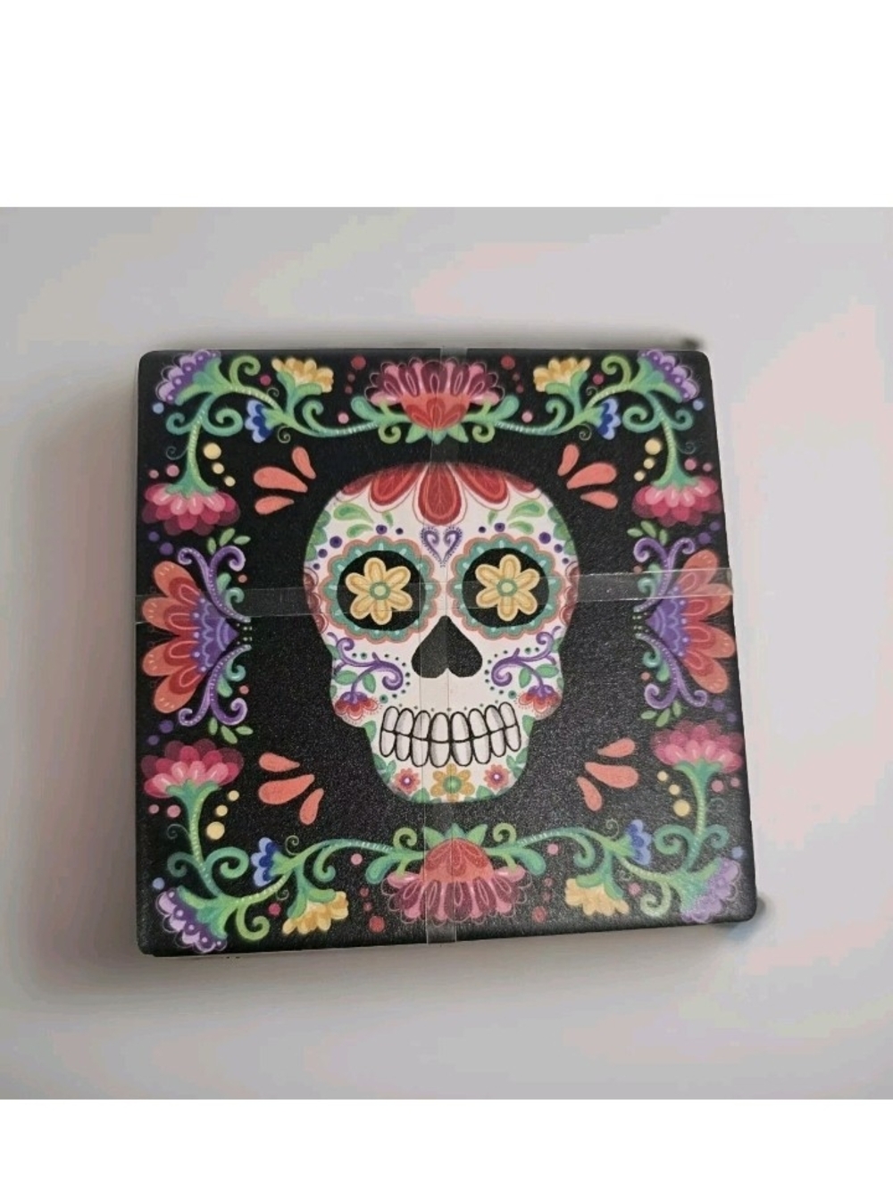Set Of 4 Assorted Coasters Day Of Dead Sugar Skulls Halloween New